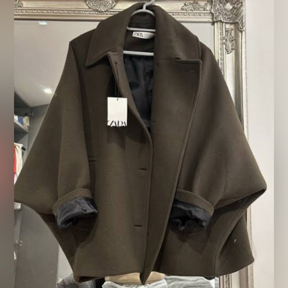 Zara batwing sleeve dark olive wool blend jacket coat NWT XS-S